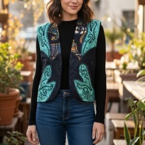 Vtg Helene Designer Sportswear Black & Teal Green Embroidered Applique Vest L